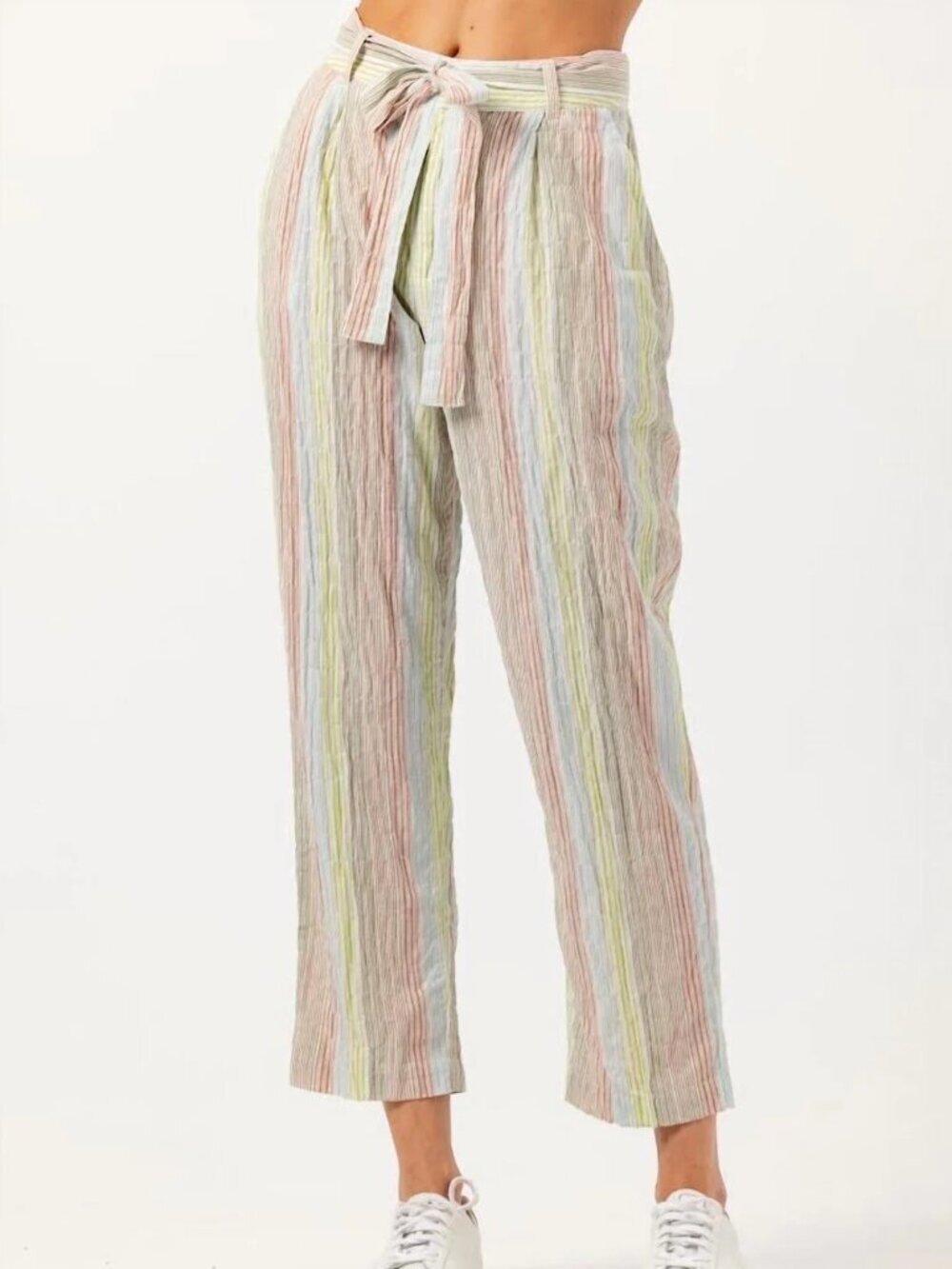 Sundays Lucas pants striped blue cotton green ankle casual tie belt new Medium